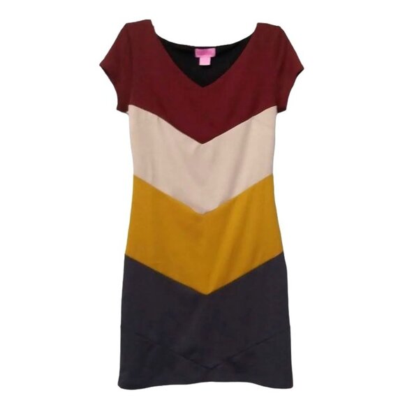 Shes Cool Chevron Colorblock V-Neck Short Sleeve Dress Size Medium - Picture 2 of 8